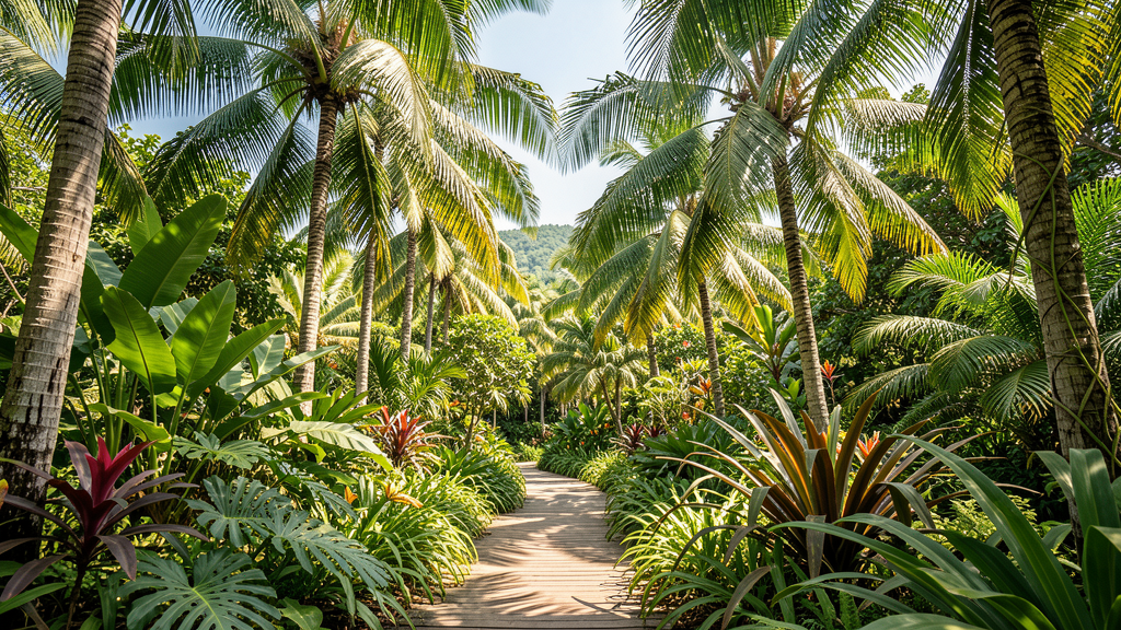 Lush tropical botanical garden with walking paths