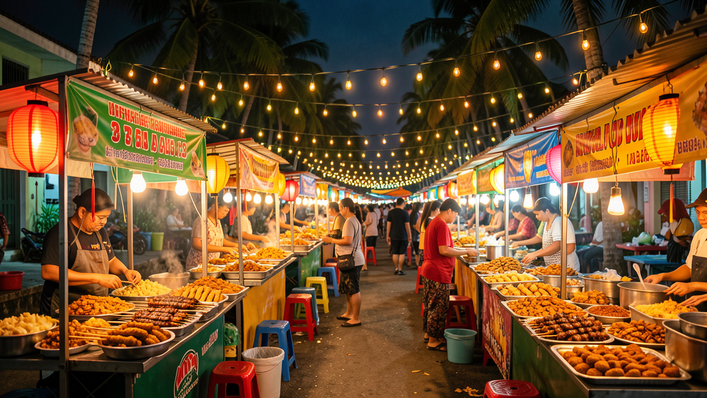 Colorful Filipino food market with grilled specialties