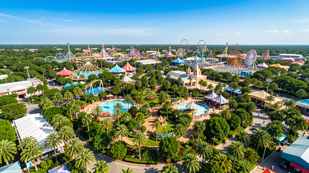 Wide view of the theme park entrance area with tropical landscaping