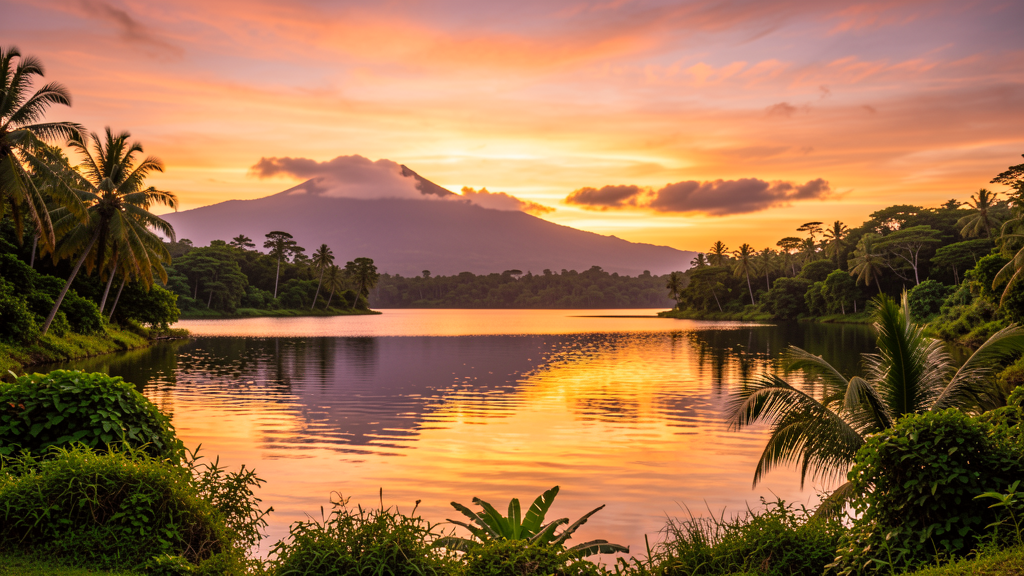 Golden sunset over a tropical lake with mountain backdrop