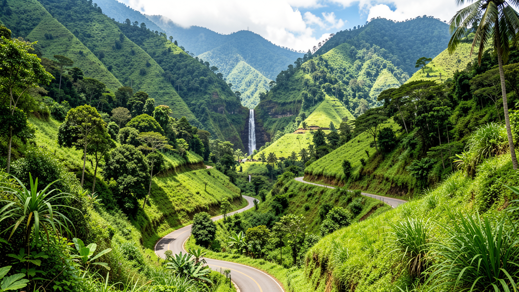 Lush mountain valley in Laguna province with waterfall