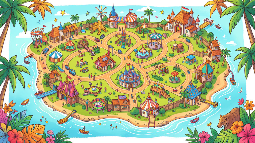 Colorful illustrated theme park map