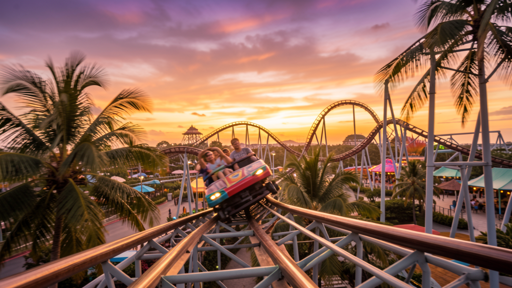 Roller coaster track weaving through the park